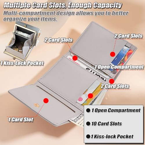 Mini Tri-Fold Wallet for Women, Ladies RFID Blocking Credit Card Holder, Genuine Leather Compact Coin Purse with 8 Card Slots & Kiss-Lock Coin Pocket - Pale Blue4