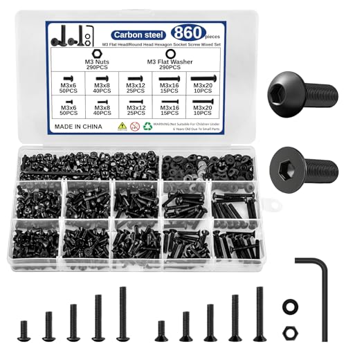 860 Stück M3 Schrauben Set Zylinderschrauben mit Innensechskant Schrauben Set Maschinenschrauben Schrauben Schwarz und Muttern Sortiment Set Hochhartem Legiertem Stahl