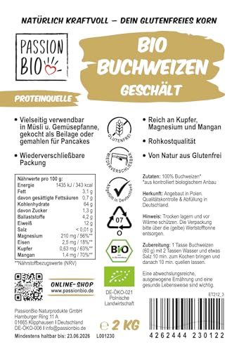 PassionBio Bio Buchweizen 2 KG - wiederverschließbare Verpackung - in Rohkostqualität