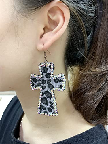 Vintage Leather Cross Dangle Earrings for Women Girls Leopard Print AB Crystal Statement Drop Dangling Hook Stud Earring Boho Lightweight Exaggerated Jewelry (Black)3