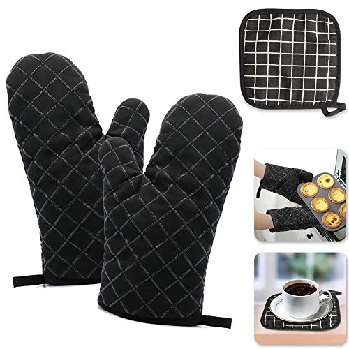 Oven Mitts Pot Holders Cooking Gloves with Heat Resistant Cotton and Non-Slip Mesh Silicone for Baking Cooking Grilling 107 L x 55 W Side 1 Pair Oven Gloves 1 Pot Holder Included