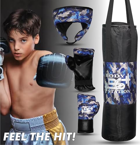 Image of Kids Champ Junior Punching Set | 1 Punching Bag, 1 Head Guard, 2 Gloves | Boxing Training Punching Bag & Gloves for Boys & Girls | for 3 to 10 Years Kids (Set of 4) (Blue Camo)