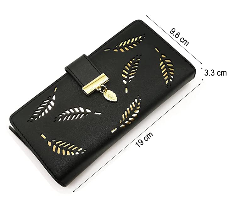 Women's Rose Gold Vegan Leather Leaf Bi-fold Card Coin Holder Long Wallet2