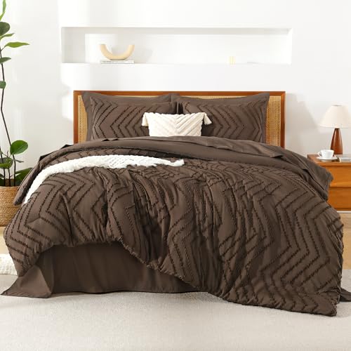 Image of Litanika Super King Plus Size Comforter Set with Sheets Brown - 7 Pieces Bed in a Bag Oversized King Boho Tufted Complete Bedding Sets with Comforter, Sheets, Pillowcases & Shams