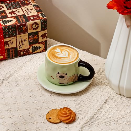 Taza con ilustración de gato verde de cerámica miniatura 5
