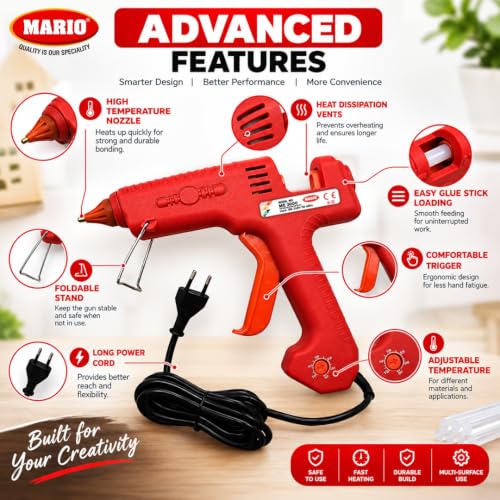 Image of Mario 300W Heavy Duty Glue Gun - Long Use, Nozzle Guard, Temp control+ 5 Crystal Clear Glue Sticks - Red (ME-3000)