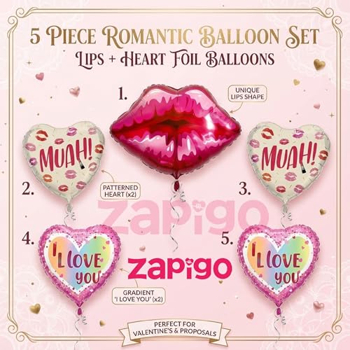 Image of Balloonistics Lips And Love Theme Balloon Bouquet Pack Of 5