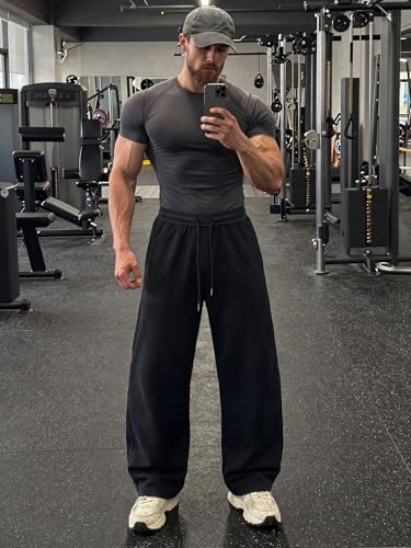 Image of Mens Baggy Sweatpants Wide Leg Casual Elastic Waist Drawstring Athletic Loose Jogger Fall Sweat Pants with Pockets