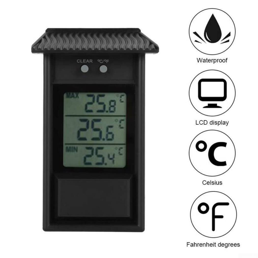 Digital Display Max Min Greenhouse Thermometer Garden Indoor Outdoor Wall Room, Black - Image 2