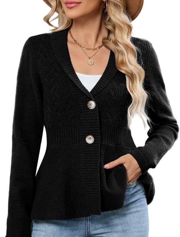 ZAFUL Womens Peplum Cardigan Fall Button Down Knit Long Sleeve Open Front Textured Crochet Shawl Lapel Sweater Trendy 2025