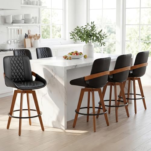 Image of Bar Stools Set of 6, 29.5 Inch Mid Century Modern Retro Swivel Bar Stools, Faux Leather Upholstered and Walnut Wood Frame for Bar /Pub /Island (Black, 29.5 inch-6 PCS)