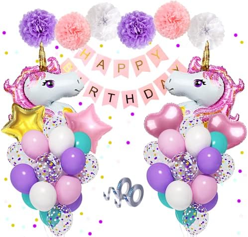 Amandir Unicorn Birthday Decorations for Girls, Large Unicorn Balloons Purple Pink Balloons Latex Confetti Balloons Happy Birthday Banner Paper Flowers for Unicorn Birthday Party Supplies &2 Ribbons
