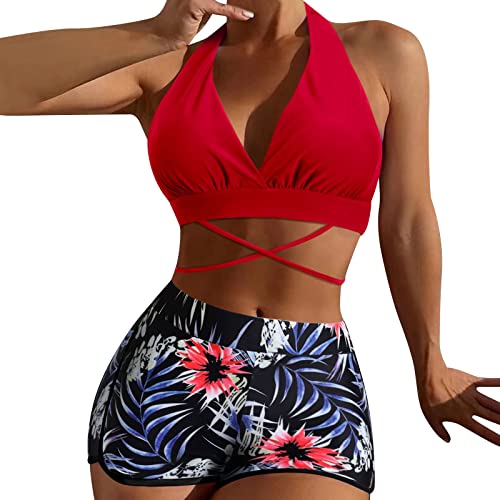 230 Braguita Bañador Niña 7 Años Traje de Bikini Dividido para Mujer con Correas Alrededor de la Espalda y el Cuello Piedras Bikinis (Red-B, S)