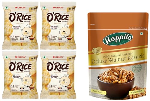 Image of ORION O'Rice Cracker - Premium Baked Korean Snack, Pack of 4 x4 | Healthy snack & Happilo Deluxe 100% Natural Dried Kashmiri Walnut Kernels 200g