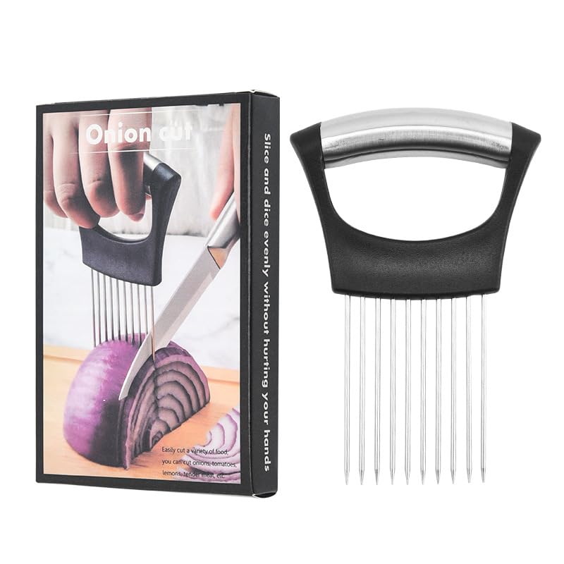 Soporte de cebolla y herramienta cortadora de alimentos – Acero inoxidable para cortar verduras y frutas para un corte fácil y seguro (negro)