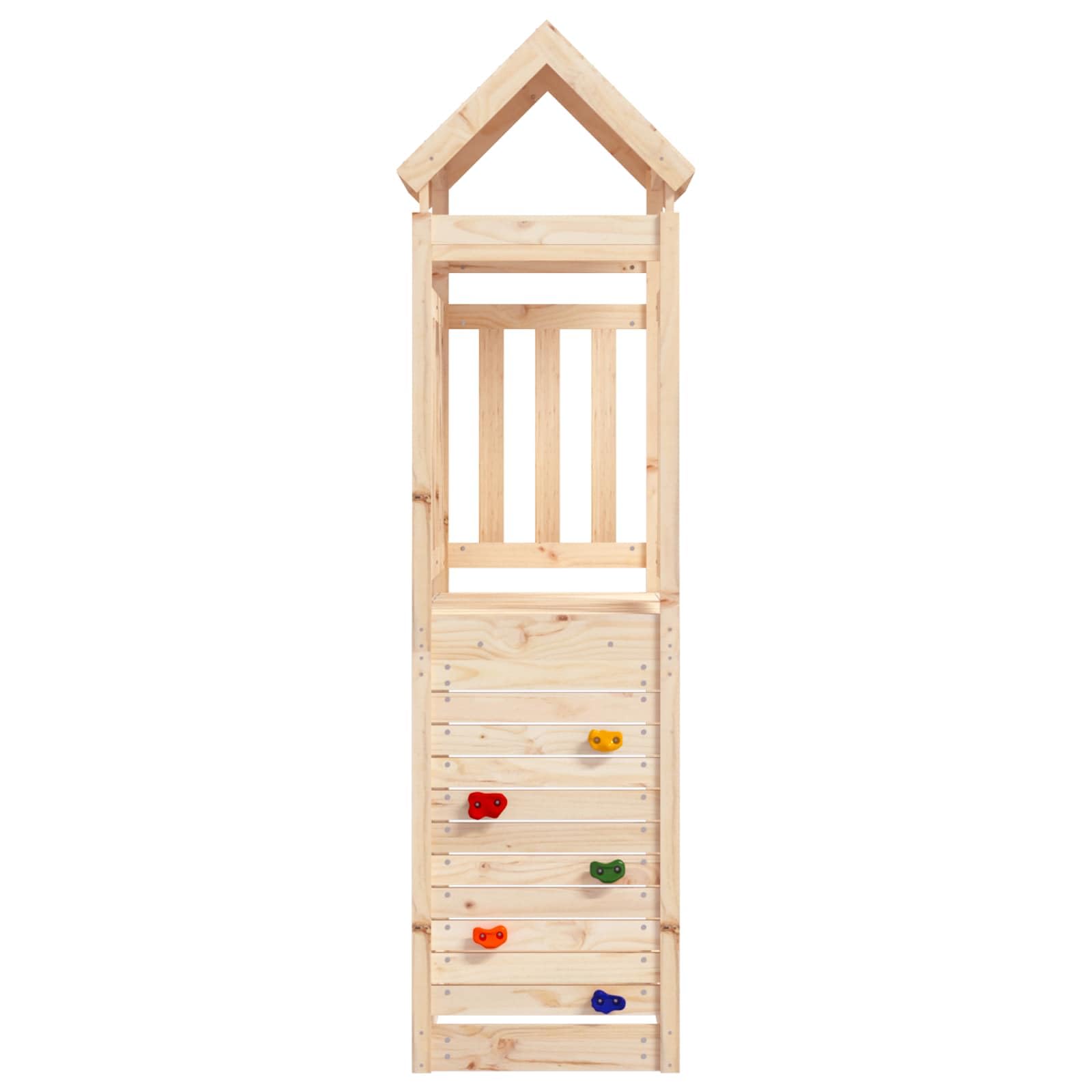 Wieża do zabawy z litego drewna sosnowego, brązowa, 53 x 110,5 x 214 cm, do ogrodu, na podwórko, taras, z huśtawką, zjeżdżalnią, rusztowaniem do wspinaczki i podestem dla dzieci w wieku od 3 do