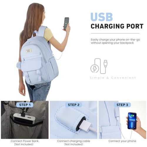 Image of WINDARS School Backpack with Lunch Box for Teen Girls, Cute College Backpacks for Women Students Aesthetic Bookbag Large 15.6 Inch Laptop Bag Middle School Travel Back Pack (Blue-3 Pcs)