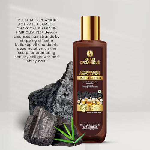 Image of Khadi Organique Activated Bamboo Charcoal & Keratin Hair Shampoo | Herbal Cleanser with Botanical Extracts | Repairs Damaged Hair, Reduces Scalp Build-up | SLS & Paraben Free - 200ml (Pack of 1)