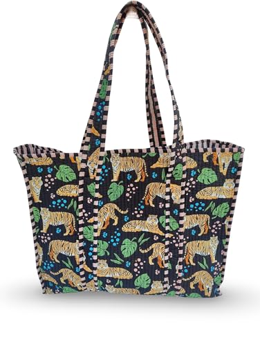 cotton tiger block print tote bag indian handmade shopping shoulder bag unisex market daily use
