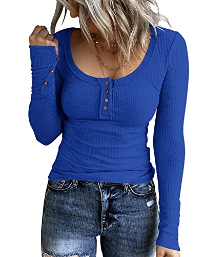 Image of KINLONSAIR Women Long Sleeve Henley Shirts Scoop Neck T-shirt Basic Tops