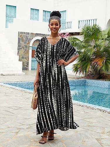 Image of sunforyou Kaftan Dresses for Women Plus Size Lightweight Swimsuit Cover up Batwing Sleeve Print Loungewear Beach Robe