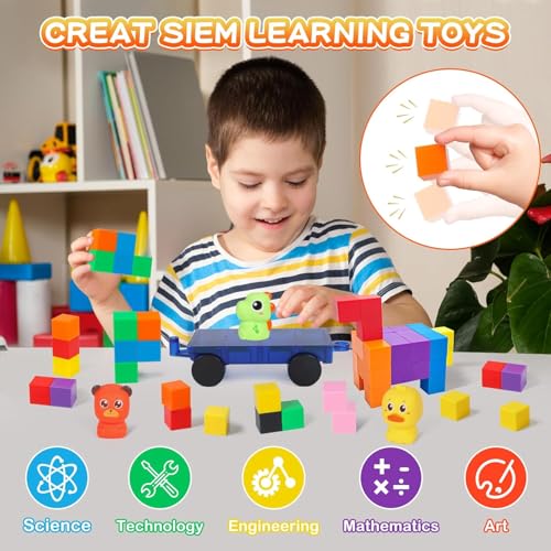 LONEEDY 60-Pack Magnetic Building Block Set with Animal Figures & Magnetic Cart - Magnet Constructions Cubes Educational STEM Toy for Kids 3-8 Years (Color Mixing-60PCS) - image 6