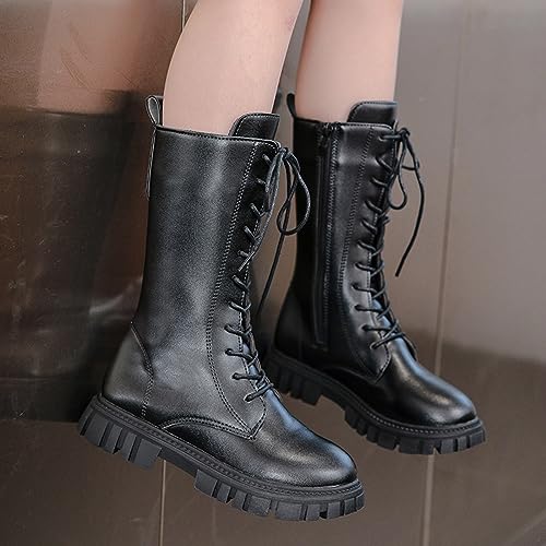 Combat Boots for Girls Lace Up Riding Boots Mid Calf Boot Side Zipper Punk Goth Boot Waterproof Non Slip Outsole Outdoor Booties for Fall Winter Spring4