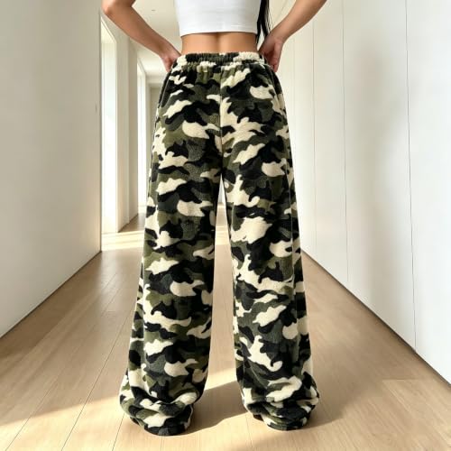 Womens Camo Pants Plush Wide Leg Elastic Waist Lounge Trousers Loose Fit - image 3