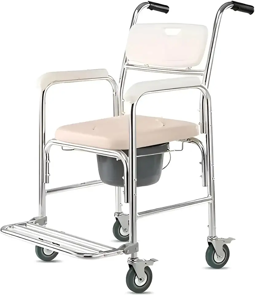 Cadeira De Banho Móvel Em Alumínio, Com Rodas, Assento Anatômico, Comadre Removível, Para Idosos e Mobilidade Reduzida