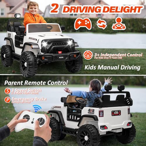 24V Kids Jeep, BLISSRIDE 2 Seater XL Ride on Truck Car w/800W Power Wheel, 4WD/2WD Switchable, Remote Control, 10AH Battery, 20\'\' Wide Seat, Bluetooth, LED Light, Electric Vehicle for Boy Girl, White - Thumbnail 5