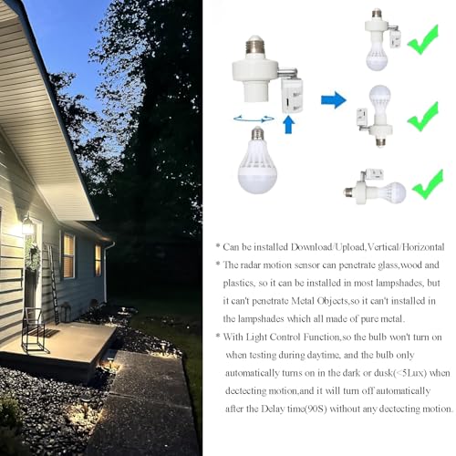 Radar Motion Sensor Light Socket,5.8GHz Radar Motion Screw Bulb Adapter Socket,E26/E27 Auto On/Off Sensor Light Sockets for Garage, Porch, Front Door, Patio - Thumbnail 4