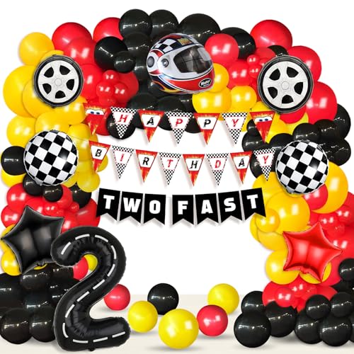 Race Car Birthday Party Decorations Balloon Arch Garland Kit: Racing Theme Red Yellow Black Balloons Happy Birthday Two Fast Banner Supplies Decor for Boys