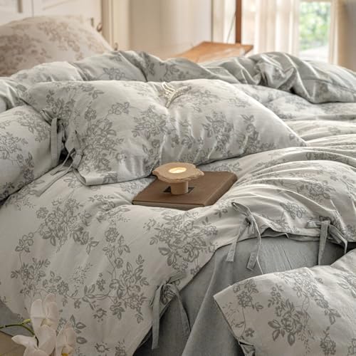 VM VOUGEMARKET Jacquard Floral Duvet Cover Queen Gray Bedding Set, Linen Cotton Yarn-Dyed Comforter Cover 90"x90" with 2 Pillowcases,Soft Breathable,Gray