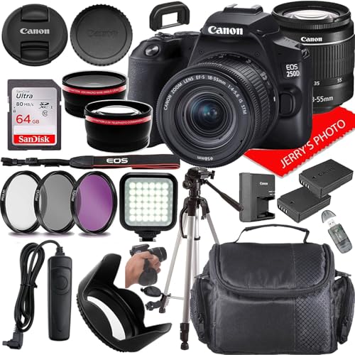 Canon EOS 250D (Rebel SL3) DSLR Camera w/Canon EF-S 18-55mm f/4-5.6 IS STM Lens + Case + Extra Battery + 64GB Memory (21pc Bundle) (Renewed)