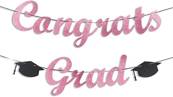 Pre-Strung Black and Pink Glitter Congrats Grad Banner Class of 2026 Graduation Decorations for College High School Favors Congrats Party Decorations NO DIY