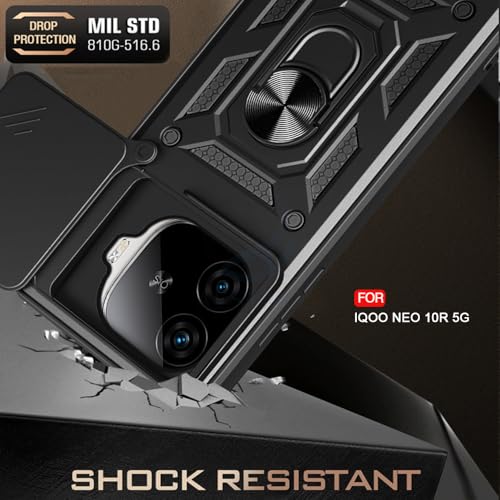 Image of AESTMO Tough Armor iQOO Neo 10R 5G Bumper Back Case Cover | Ring Holder & Sliding Camera Shield Cover | 360 Degree Protection Back Case Cover for iQOO Neo 10R 5G (Black)