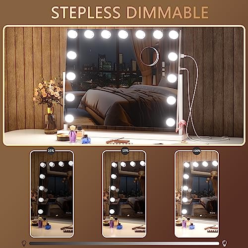 Hasipu Vanity Mirror with Lights, 22\" x 18\" Hollywood Lighted Makeup Mirror with 15 Dimmable Bulbs, 10X Magnification and USB Charging Port, Smart Touch 3 Colors Dimmable, 360° Rotation (Square)
