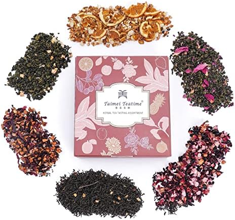 Taimei Teatime Assorted Loose Leaf Tea Sampler in Pyramid Tea Bag, Top 6 Flavors, 24 Herbal Tea Bags, All Natural High to No Caffeine Tea Variety Pack - Earl Grey, Oolong, Herbal, Fruit Tea in Tea Assortment Gift Set, Hot and Iced Tea