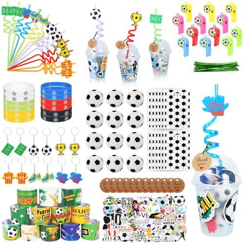 170 Pcs Soccer Party Favors Birthday Party Supplies Goodie Bags Cups Straws Stress Ball Silicone Wristbands Slaps Bracelets Keychains Stickers Whistles Soccer Themed Party Favors Soccer Team Gifts