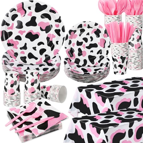 Bokon 352 Pcs Cow Print Party Supplies - Plates, Napkins, Cups, Cutlery, Tablecloths for Baby Shower, Farm Cow Birthday Party Decorations(White, Black and Pink)