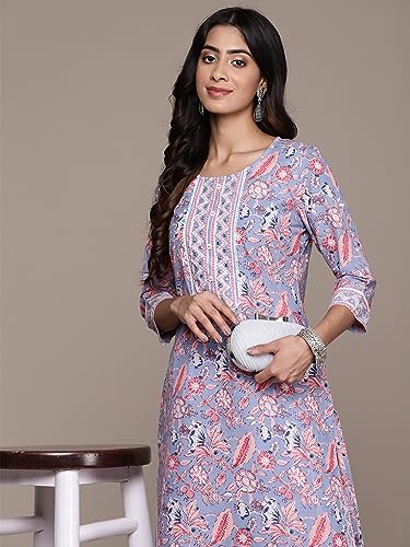 Image of anubhutee Women's Cotton Blend Floral Printed Off White Straight Kurta Suit Set with Trousers