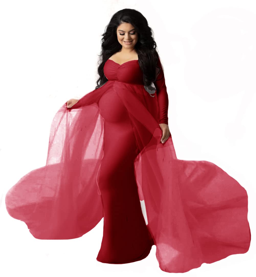 CFWSHJ Abito Premaman con Spalle Scoperte in Tulle per Servizio Fotografico, Abito Aderente a Maniche Lunghe per Baby Shower
