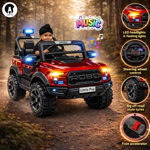 Image of LITTLE PUP POBO Battery Car for Kids | Battery Operated car | Electric Car for 1 to 7 Years | Electric Ride on | Dual Control Mode | Led Lights with Seat Belts | Mp3 /USB /Music.(Dark Red)