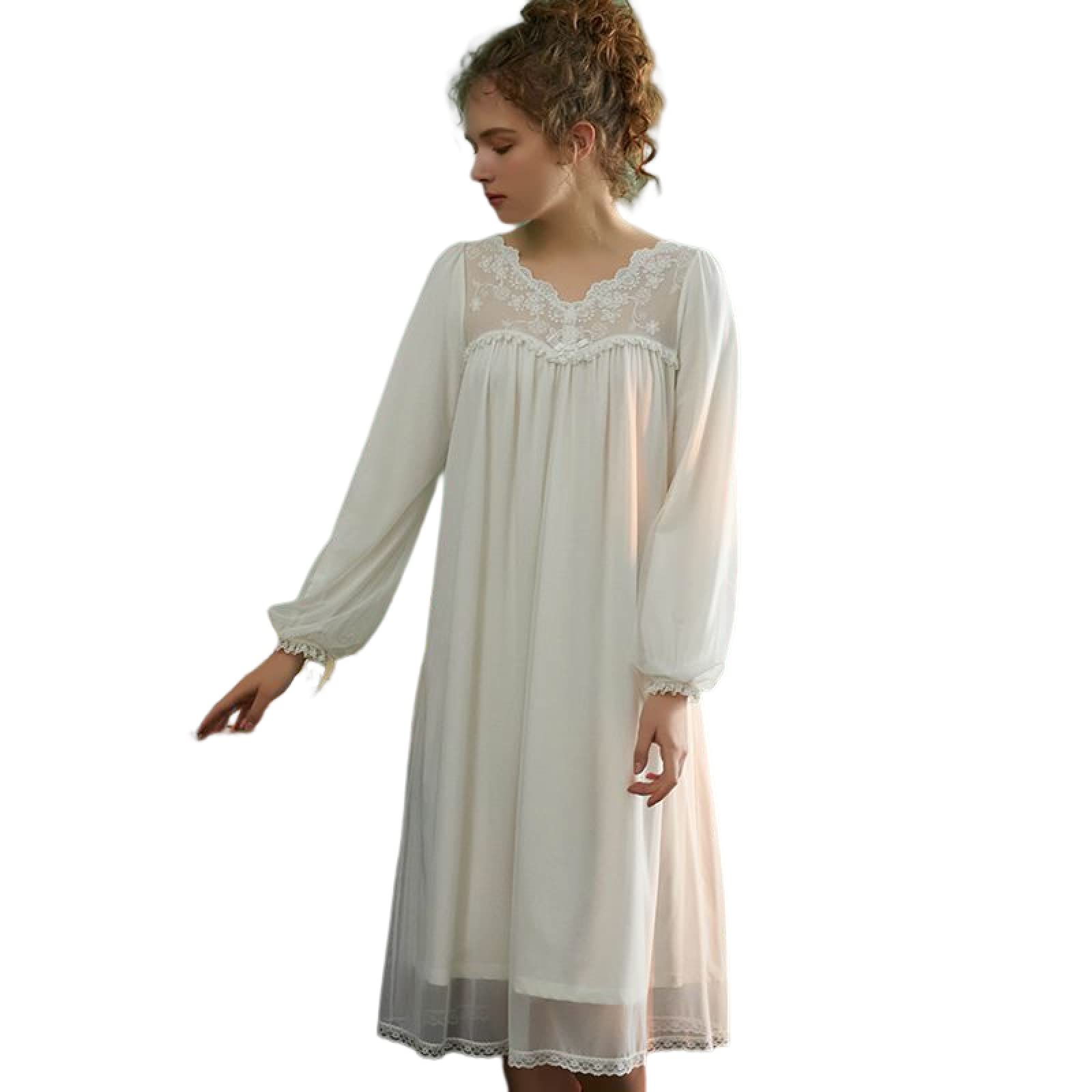 OFFSUM Camicia da Notte Donna - Pigiameria da Notte con Scollo A V in Pizzo Vintage Primavera Estate Tinta Unita Elegante Abito da Notte Casual da Principessa Casual Loungewear