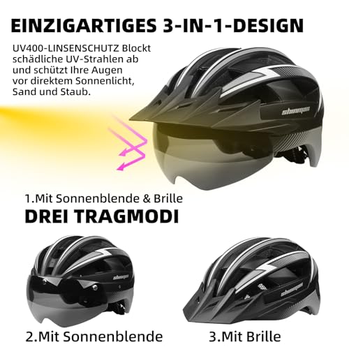 Shinmax Fahrradhelm für Herren Damen MTB Fahrradhelm mit LED USB Rücklicht Radhelm mit Visier...