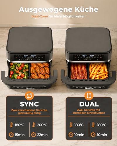 WELLENT 2950W Airfryer 2 Kammern, 12L XXL Heißluftfritteuse mit Sichtfenster, 8-in-1 Heissluftfritteuse Doppelkammer mit Match &… – Ansicht 4