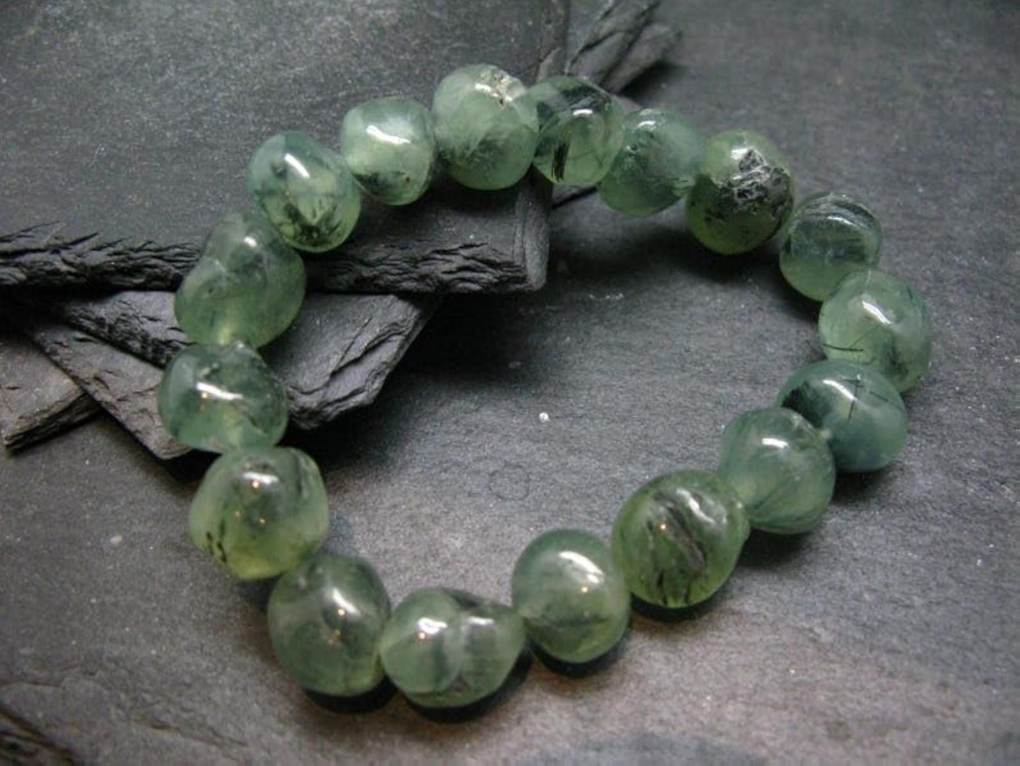 Unisex Natural Prehnite 12mm Tumble Shape Smooth Cut Bead Stretchable Bracelet