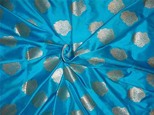 Brocart bleu turquoise or métallisé 112 cm tissu soie naturelle au mètre jacquard