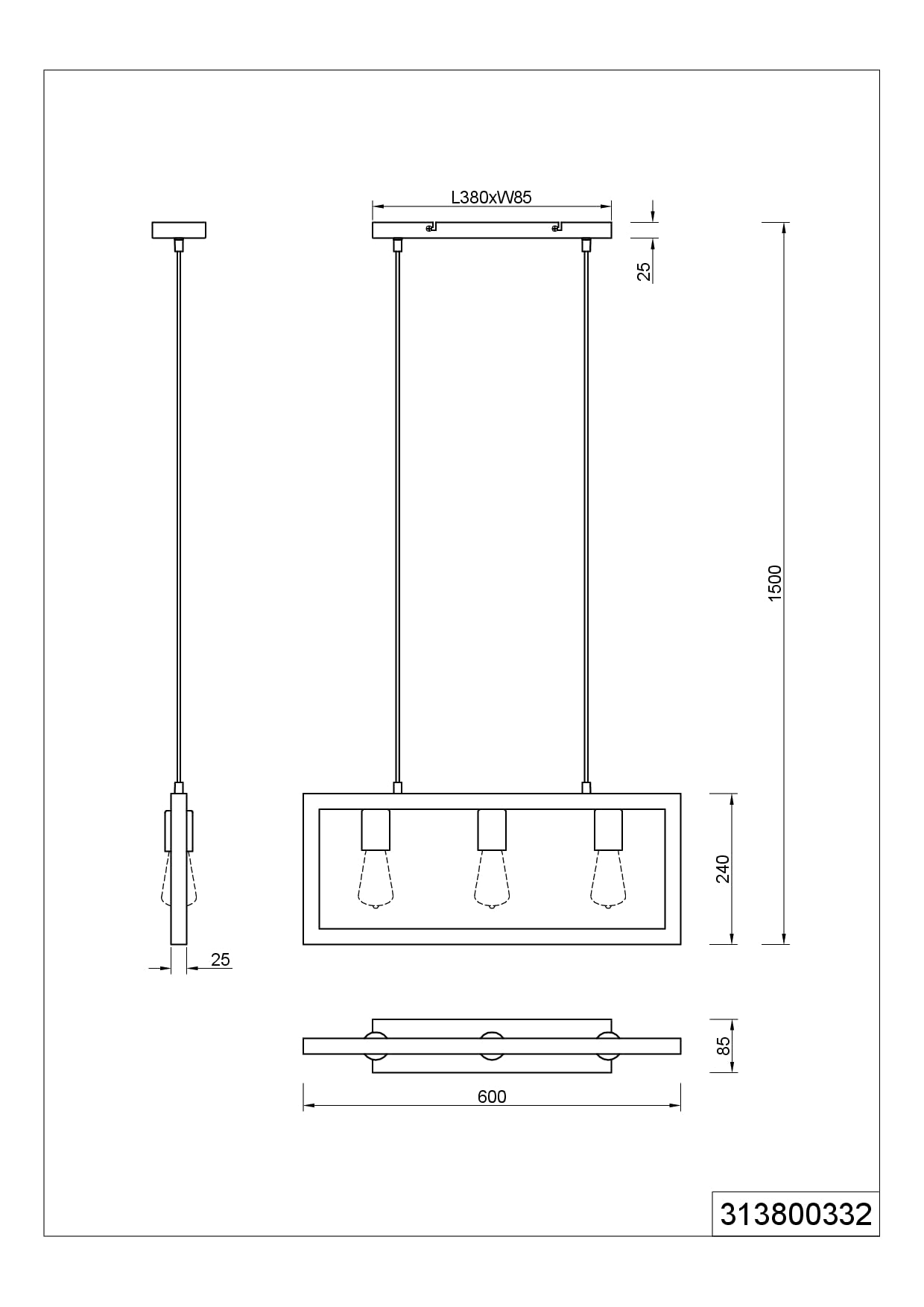 TRIO, Suspension, Agra 3xE27, max.10,0 W Bois naturel, couleur de bois, Corps: Métal, noir mat L:60,0cm, L:8,0cm, H:150,0cm IP20,Sans illuminant,Réglable en hauteur