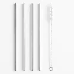 Kit De Canudos De Aço Inox Reutilizáveis Com 4 Unidades Retos De 21,5cm Com Escova De Limpeza